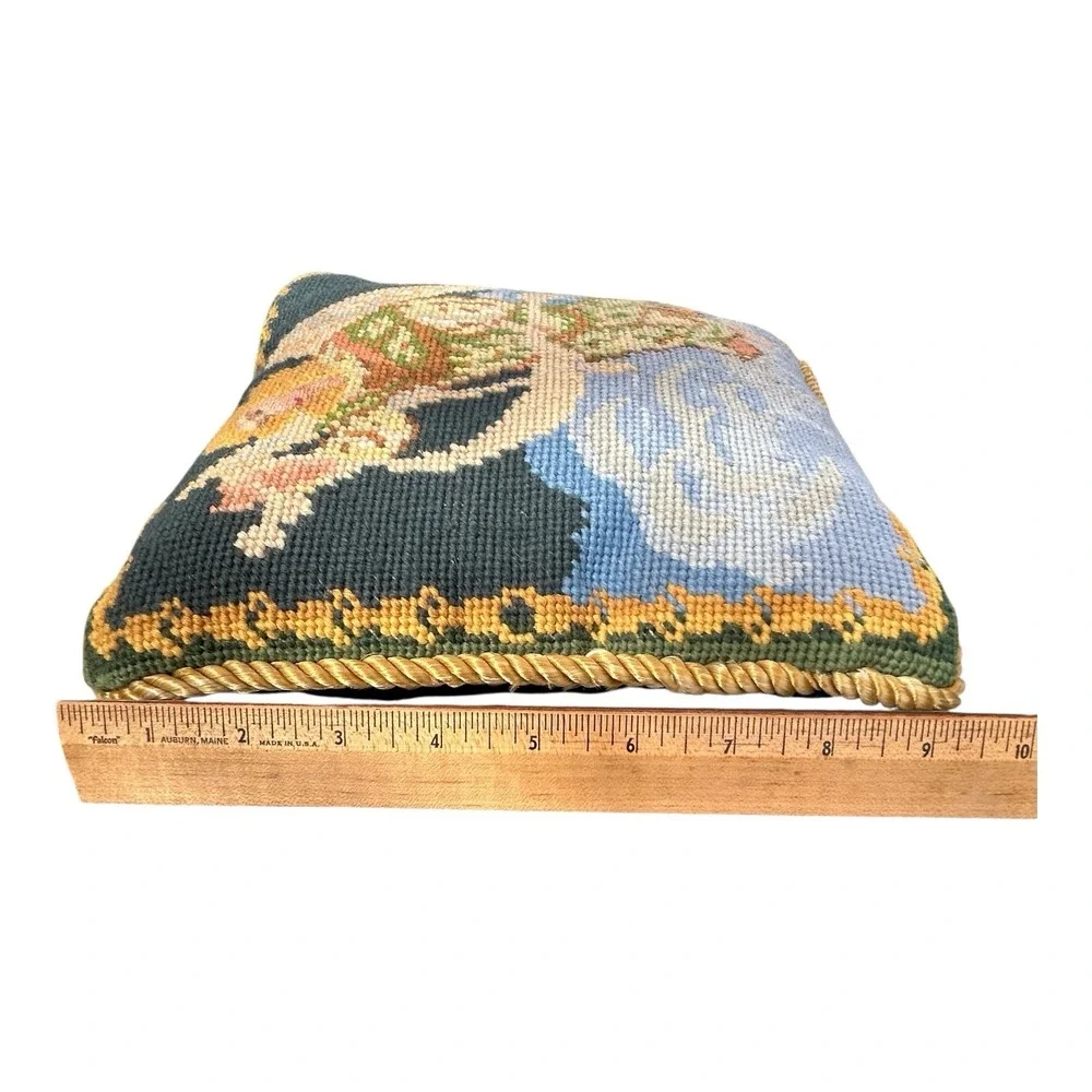 Needlepoint Petit Point Pillow Angel Blue Velvet‎ Zip Backing Gold Corded Edge